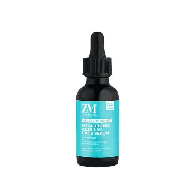 Zayn & Myza Hyaluronic Acid 1.5% + 24K Gold Face Serum bottle, 30ml